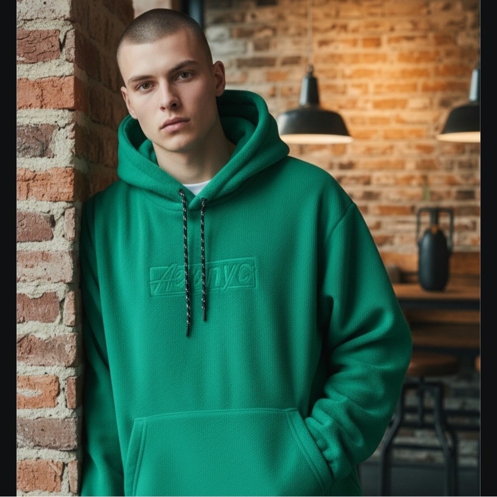 Aero NYC Fleece Box Logo Pullover Hoodie Drawstring Men's Size‎ Large - Picture 2 of 7